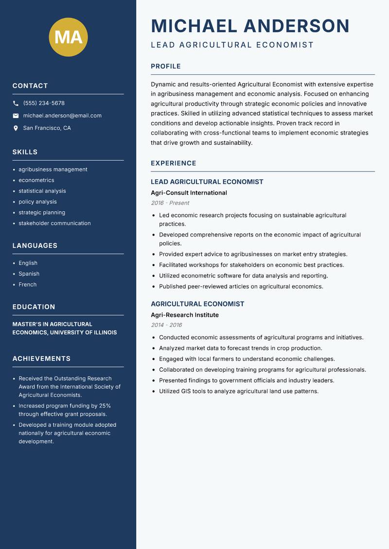 Agricultural Economist resume sample — Lead Agricultural Economist focus