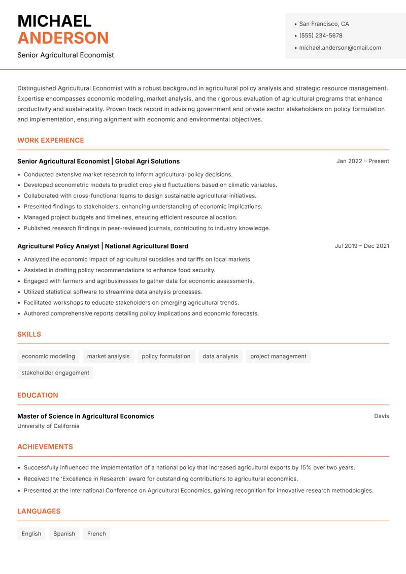 Agricultural Economist resume sample — Senior Agricultural Economist focus