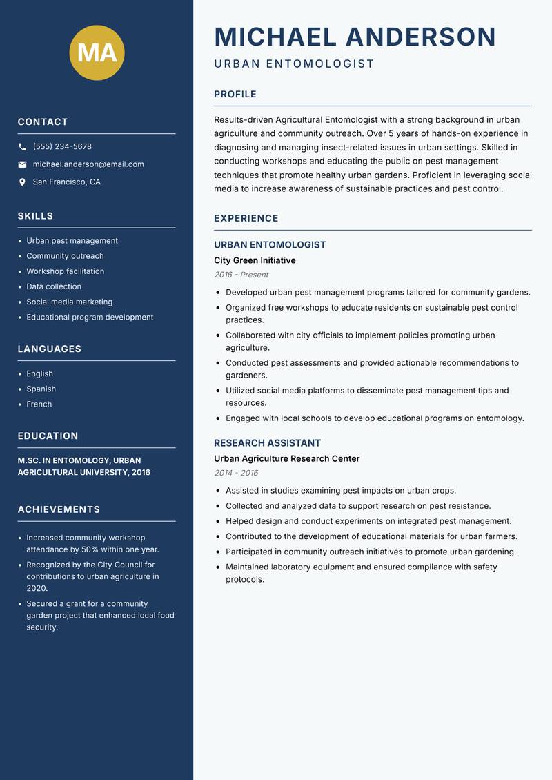 Agricultural Entomologist resume sample — Urban Entomologist focus