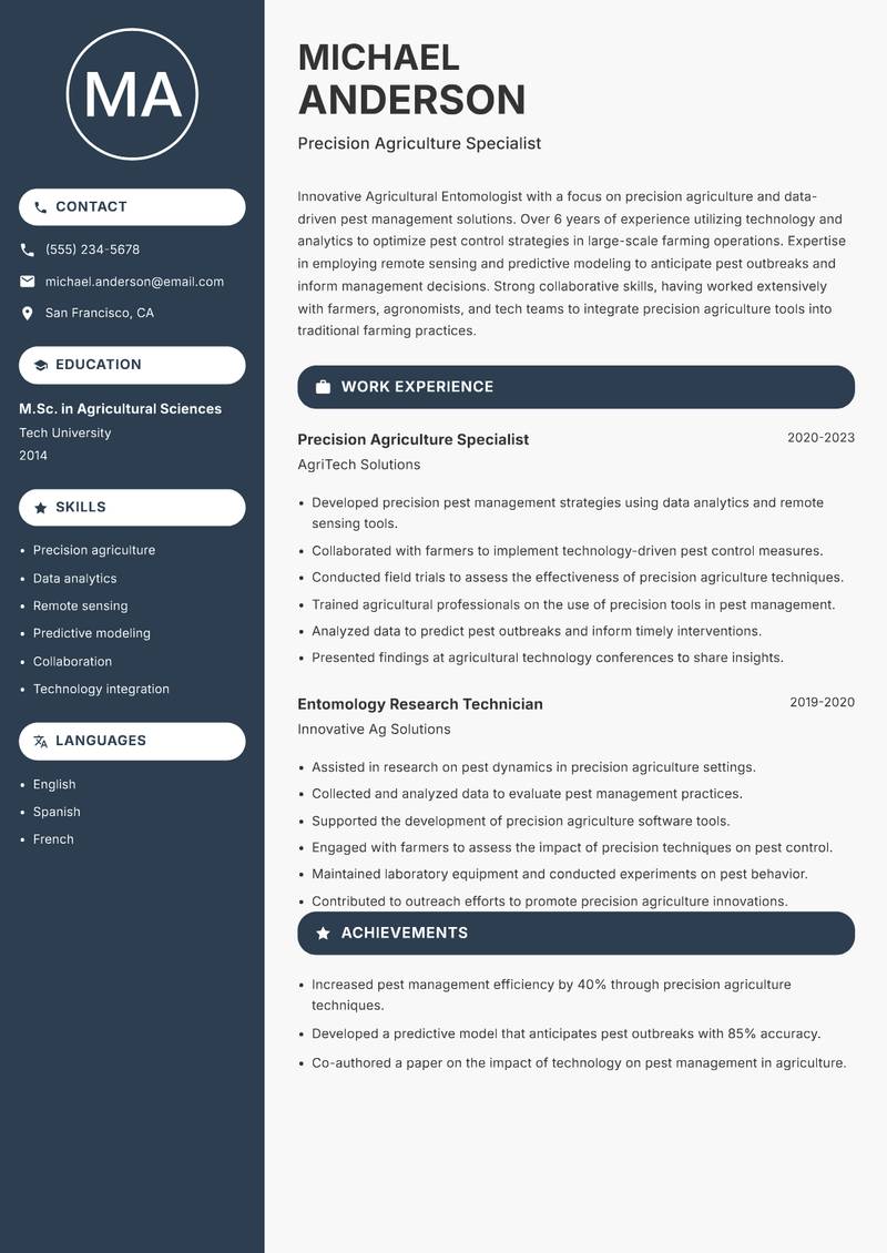 Agricultural Entomologist resume sample — Precision Agriculture Specialist focus