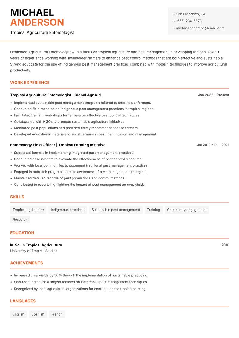 Agricultural Entomologist resume sample — Tropical Agriculture Entomologist focus