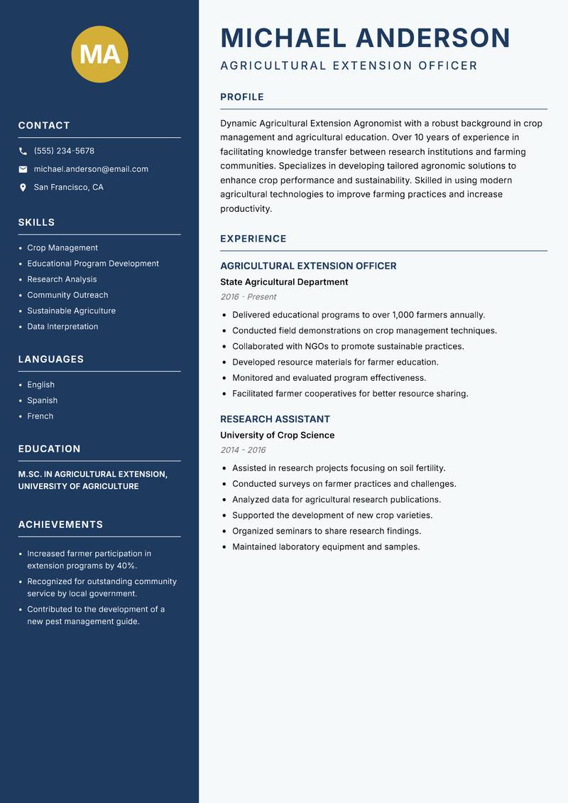 Agricultural Extension Agronomist resume sample — Agricultural Extension Officer focus