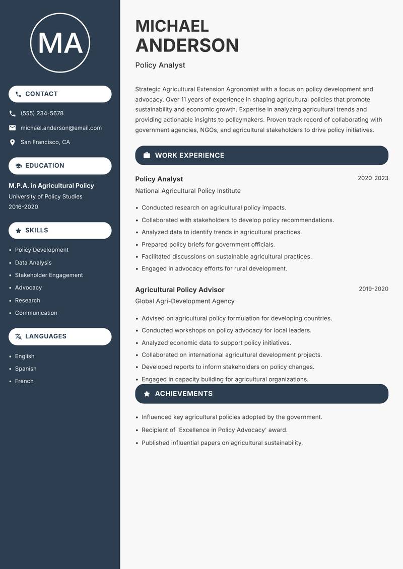 Agricultural Extension Agronomist resume sample — Policy Analyst focus