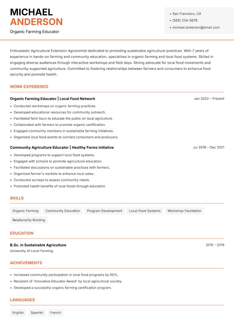 Agricultural Extension Agronomist resume sample — Organic Farming Educator focus