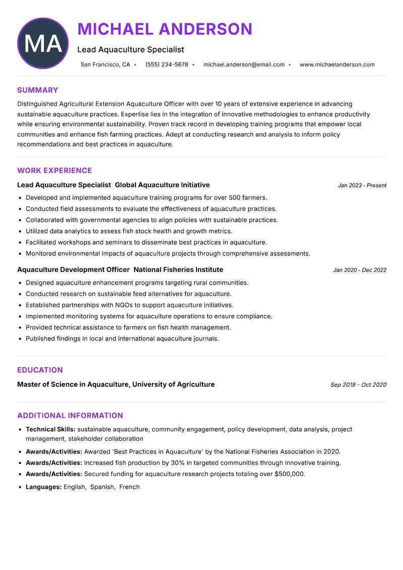 Agricultural Extension Aquaculture Officer resume example — Aquaculture