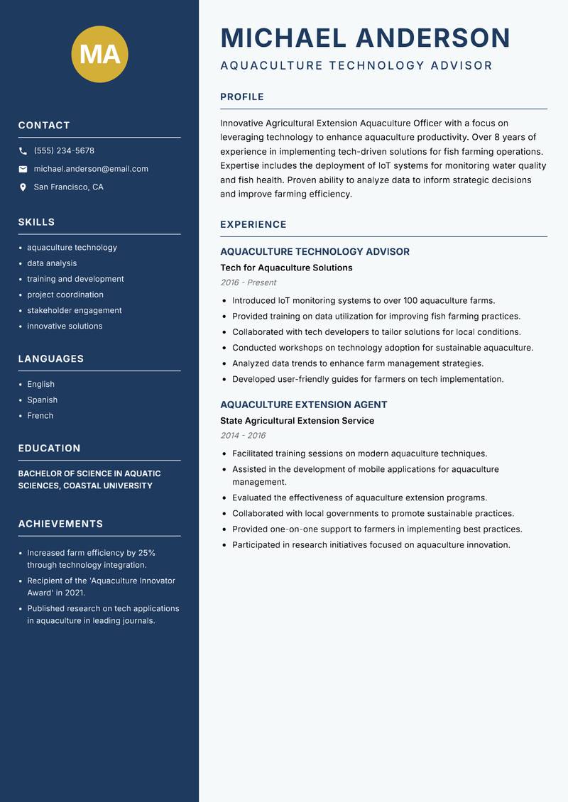 Agricultural Extension Aquaculture Officer resume sample — Aquaculture Technology Advisor focus