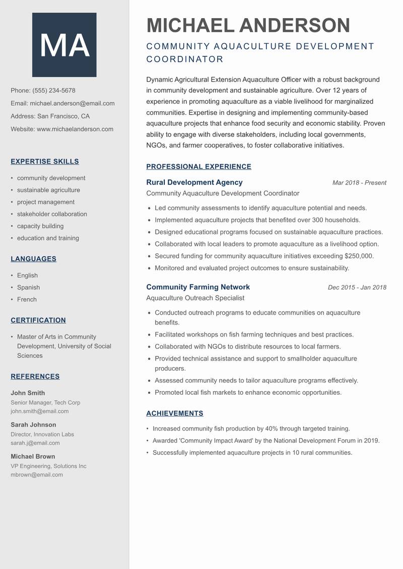 Agricultural Extension Aquaculture Officer resume sample — Community Aquaculture Development Coordinator focus