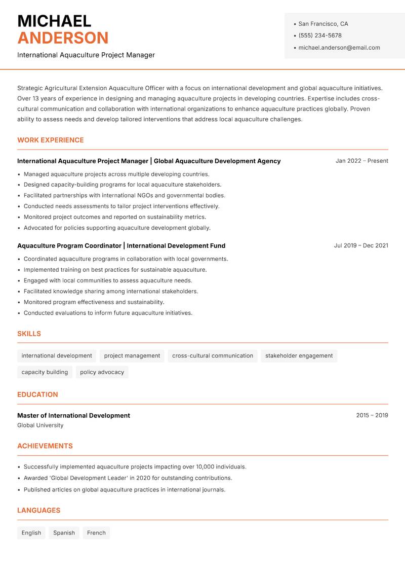 Agricultural Extension Aquaculture Officer resume sample — International Aquaculture Project Manager focus