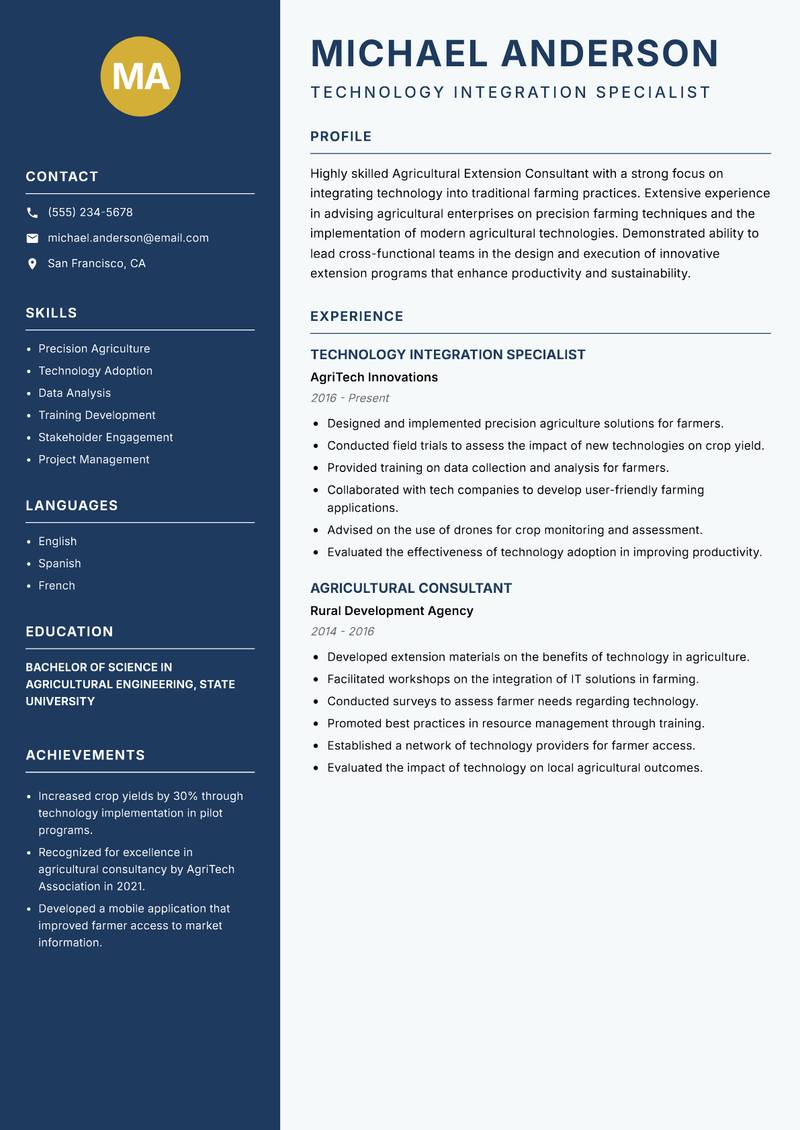 Agricultural Extension Consultant resume sample — Technology Integration Specialist focus