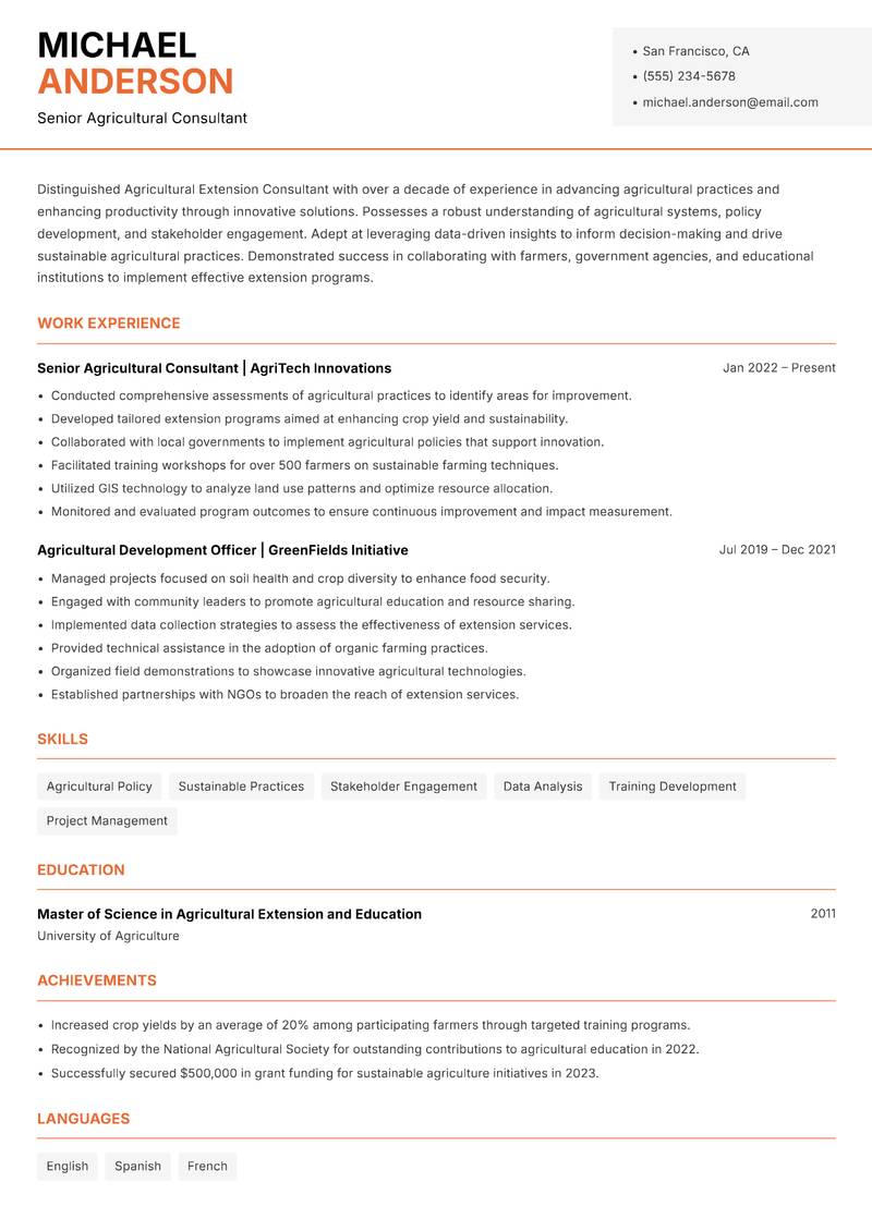 Agricultural Extension Consultant resume sample — Senior Agricultural Consultant focus