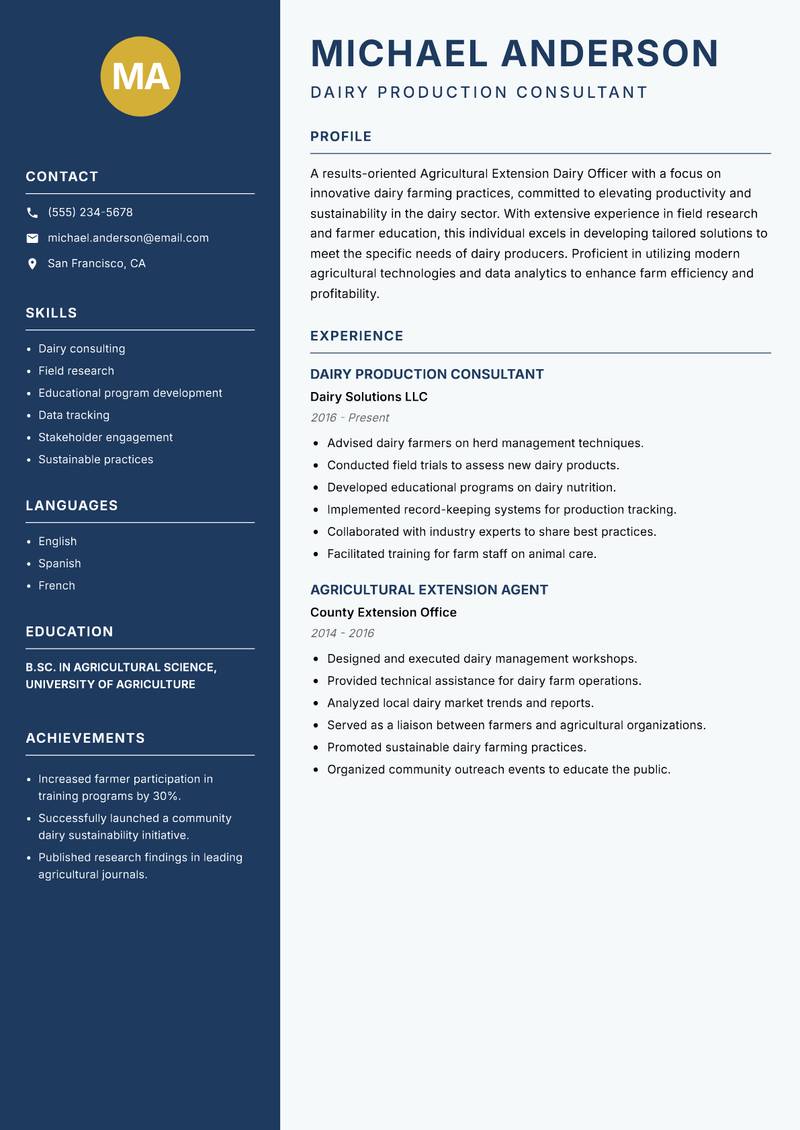 Agricultural Extension Dairy Officer resume sample — Dairy Production Consultant focus