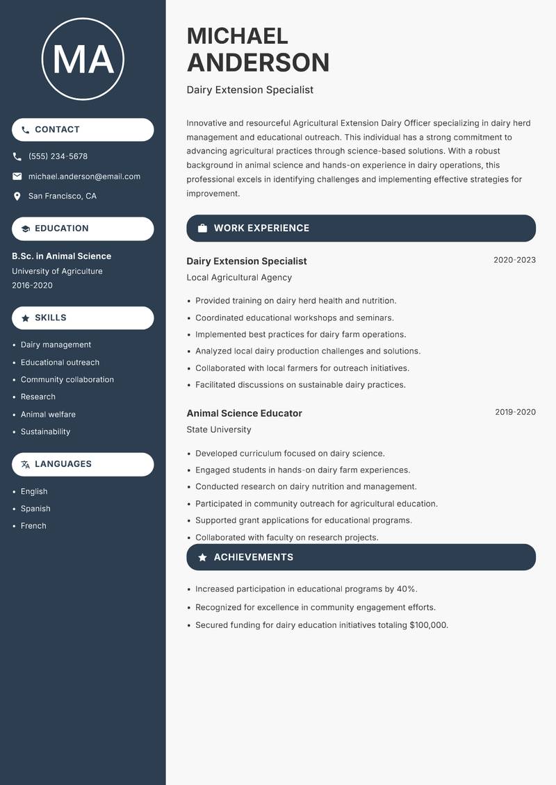 Agricultural Extension Dairy Officer resume sample — Dairy Extension Specialist focus
