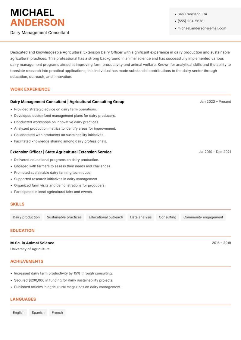 Agricultural Extension Dairy Officer resume sample — Dairy Management Consultant focus