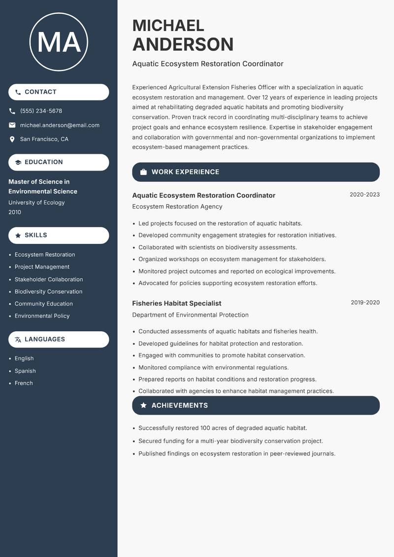 Agricultural Extension Fisheries Officer resume sample — Aquatic Ecosystem Restoration Coordinator focus
