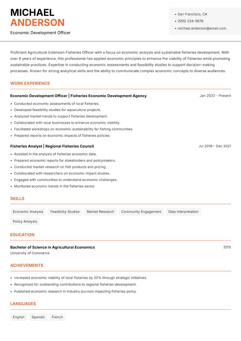 Agricultural Extension Fisheries Officer resume sample — Economic Development Officer focus