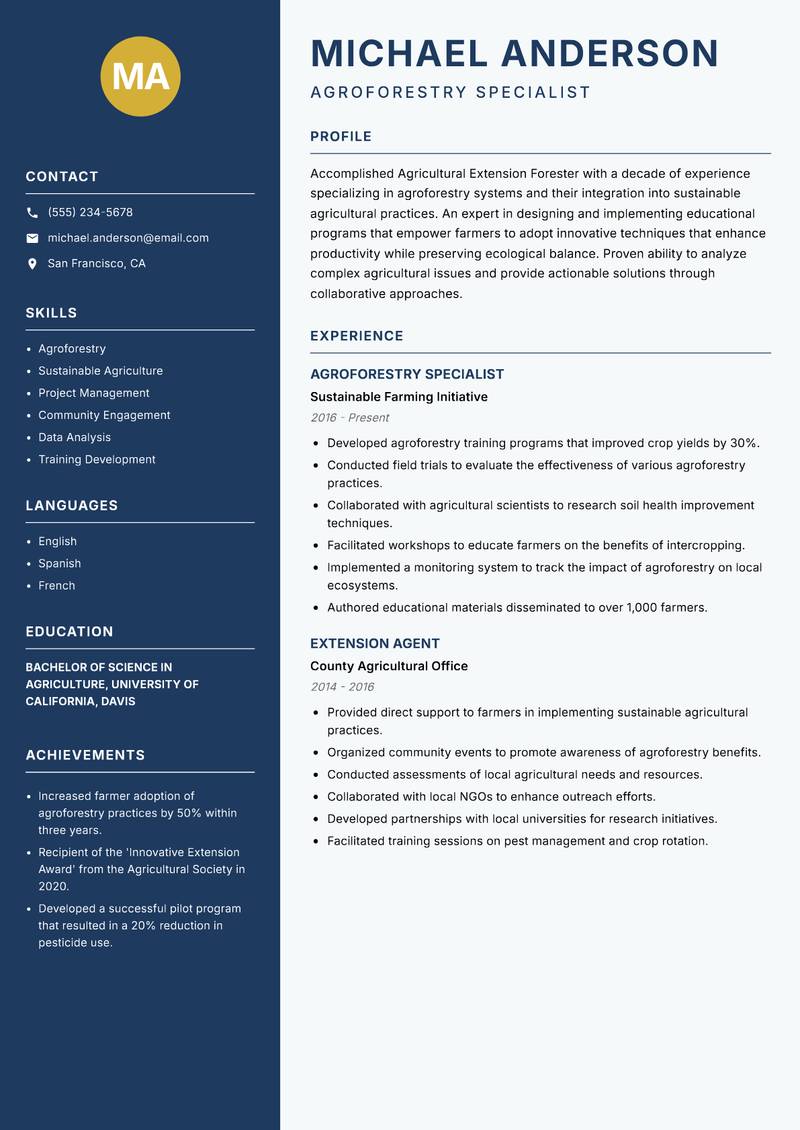 Agricultural Extension Forester resume sample — Agroforestry Specialist focus