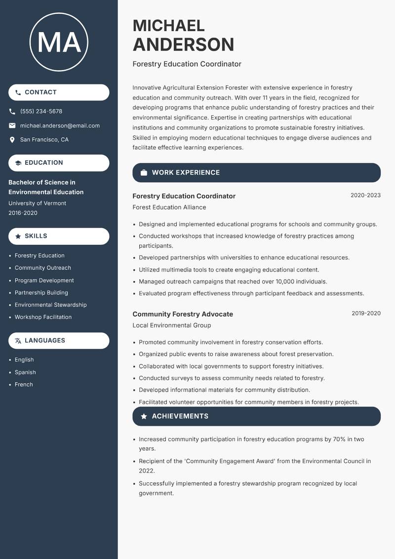 Agricultural Extension Forester resume sample — Forestry Education Coordinator focus
