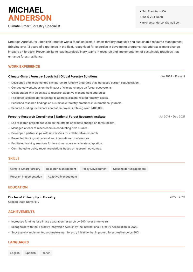 Agricultural Extension Forester resume sample — Climate-Smart Forestry Specialist focus