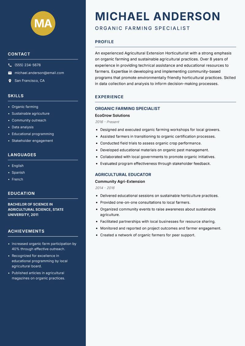 Agricultural Extension Horticulturist resume sample — Organic Farming Specialist focus