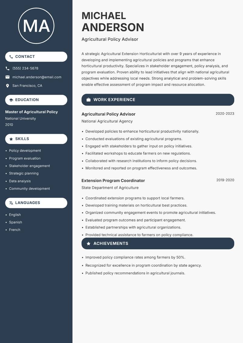 Agricultural Extension Horticulturist resume sample — Agricultural Policy Advisor focus