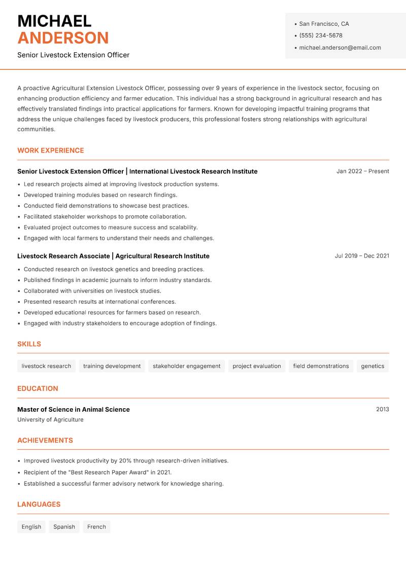 Agricultural Extension Livestock Officer resume sample — Senior Livestock Extension Officer focus