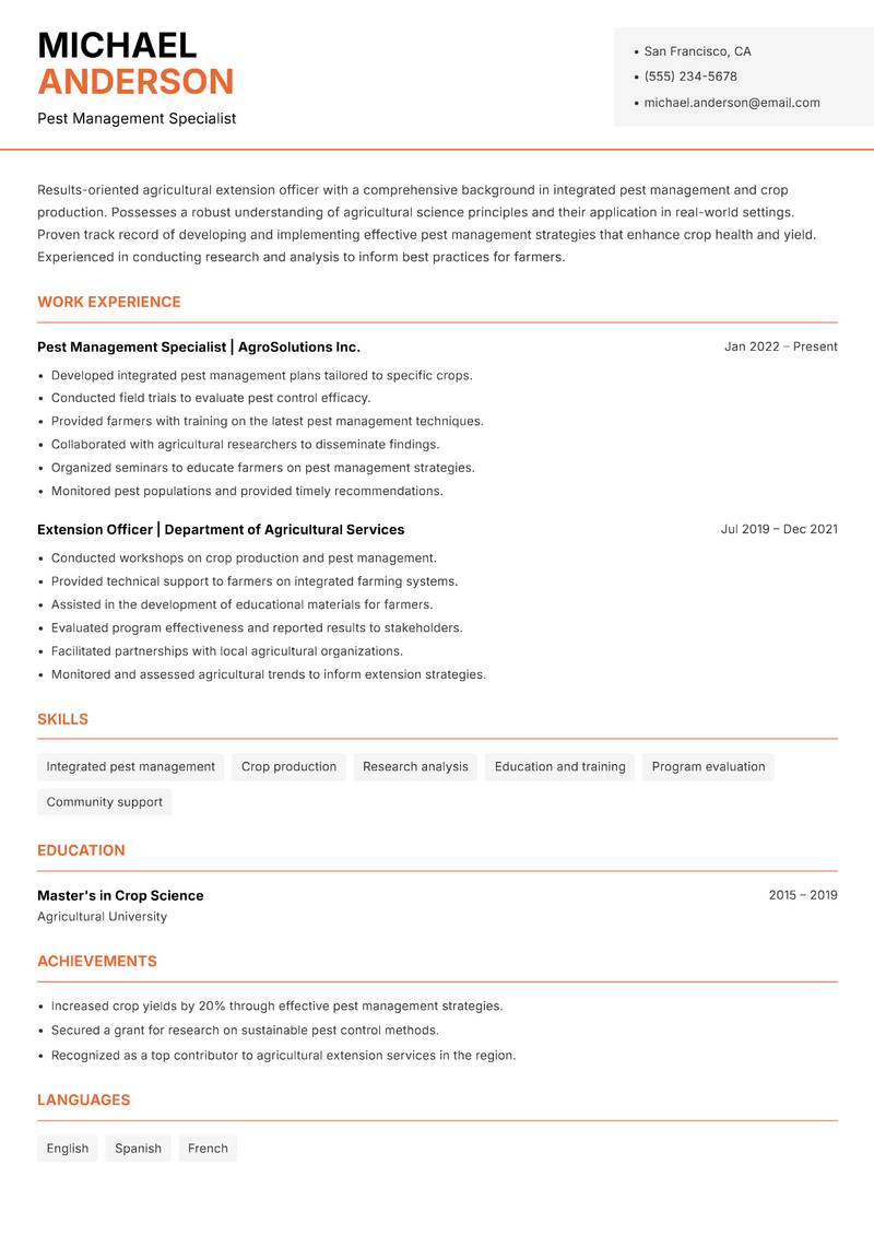 Agricultural Extension Officer resume sample — Pest Management Specialist focus