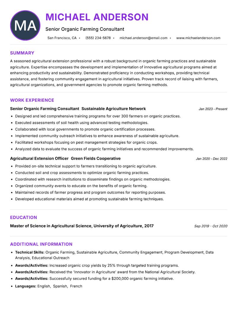 Agricultural Extension Organic Officer resume example — Organic Farming