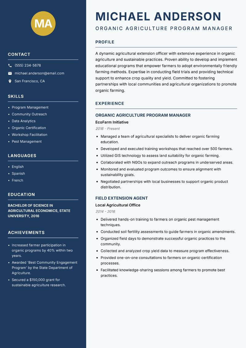 Agricultural Extension Organic Officer resume sample — Organic Agriculture Program Manager focus