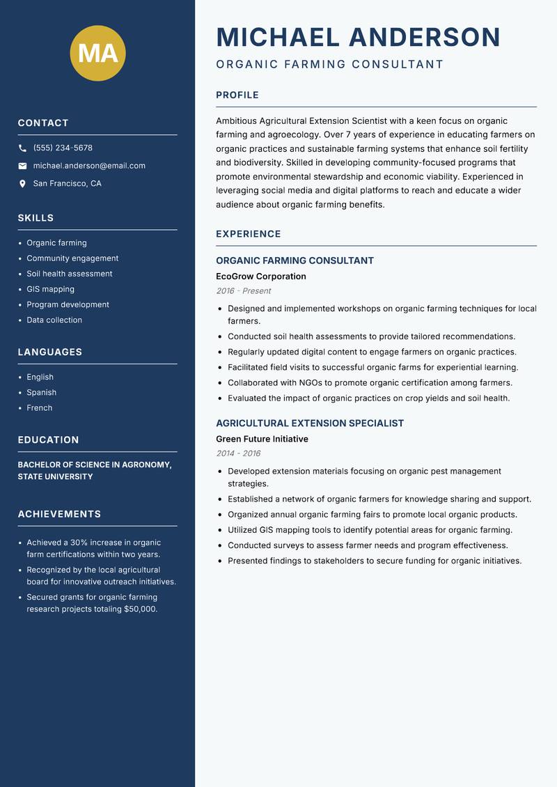 Agricultural Extension Scientist resume sample — Organic Farming Consultant focus