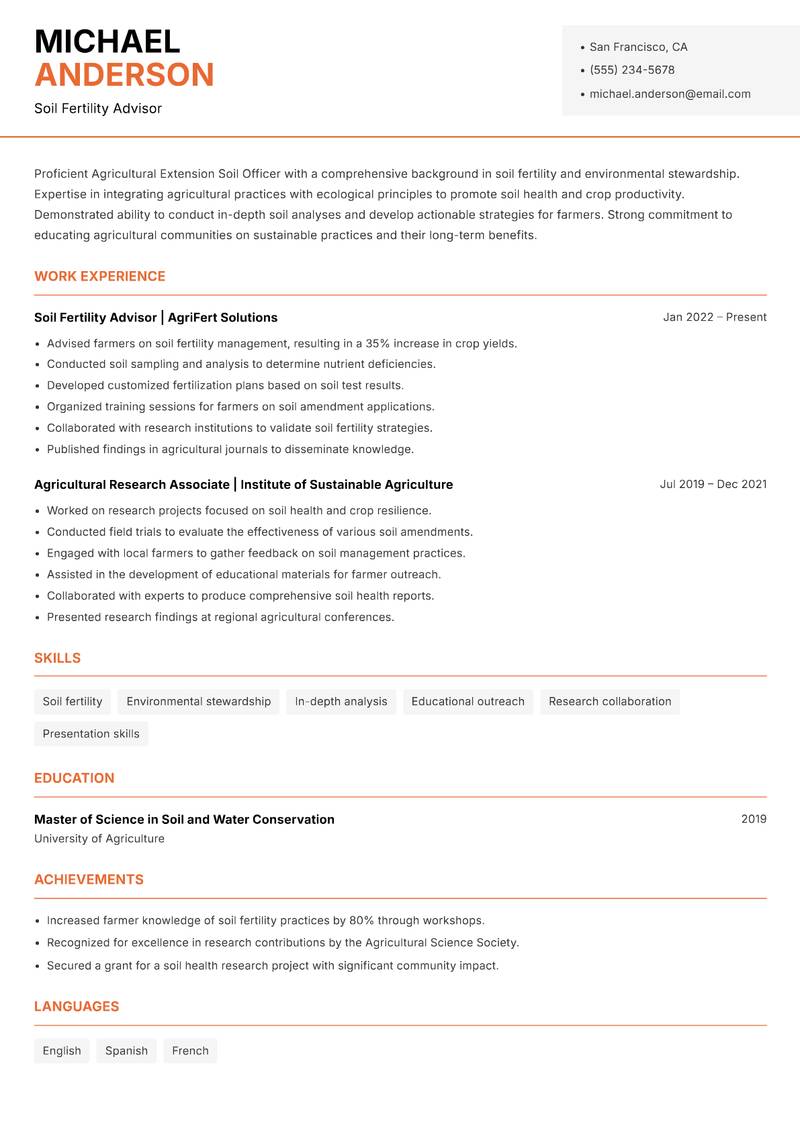 Agricultural Extension Soil Officer resume sample — Soil Fertility Advisor focus