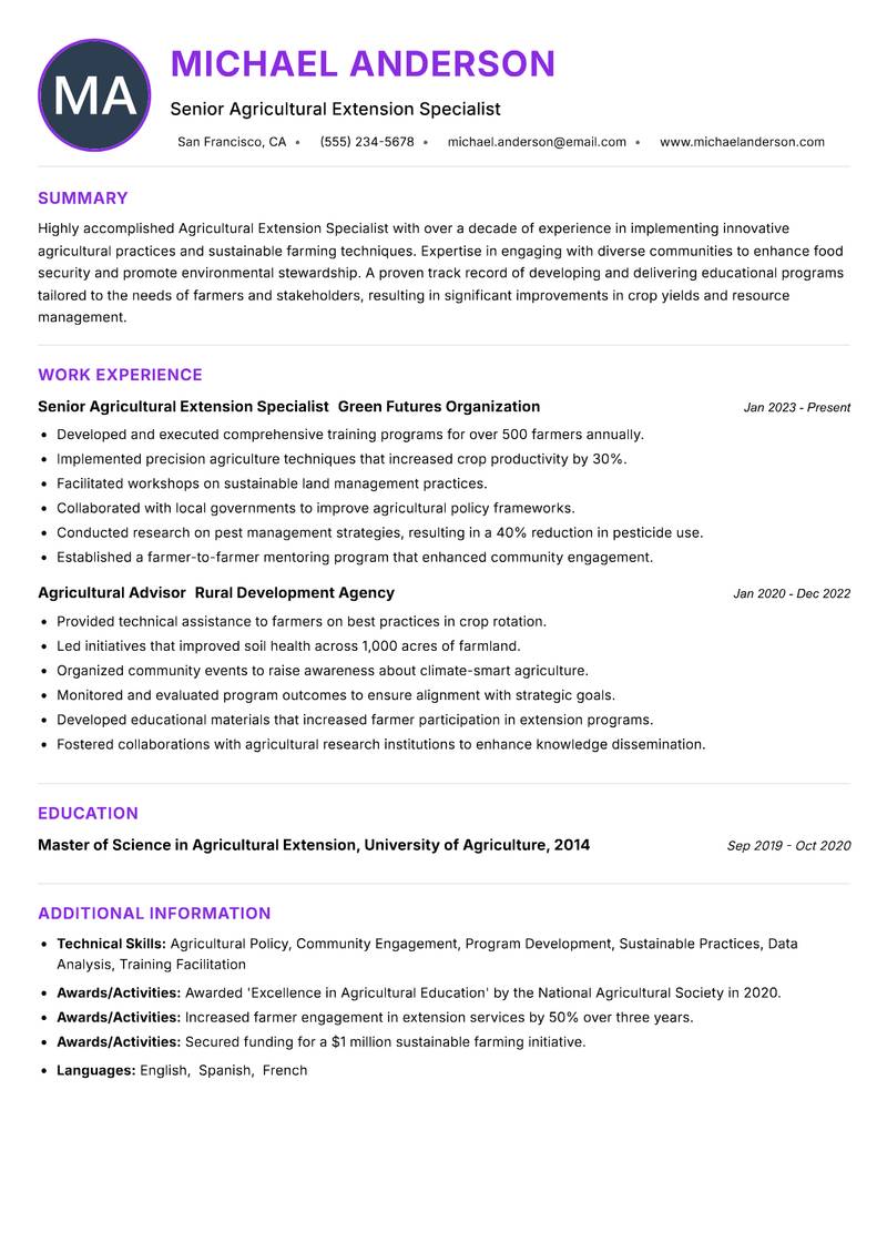 Agricultural Extension Specialist resume example