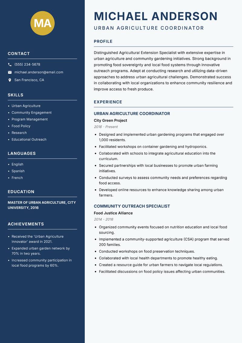 Agricultural Extension Specialist resume sample — Urban Agriculture Coordinator focus