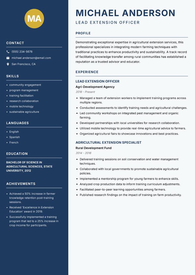 Agricultural Extension Trainer resume sample — Lead Extension Officer focus