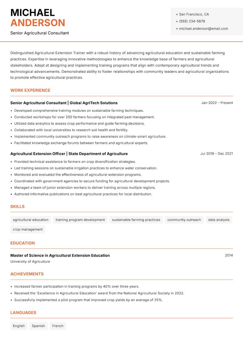 Agricultural Extension Trainer resume sample — Senior Agricultural Consultant focus