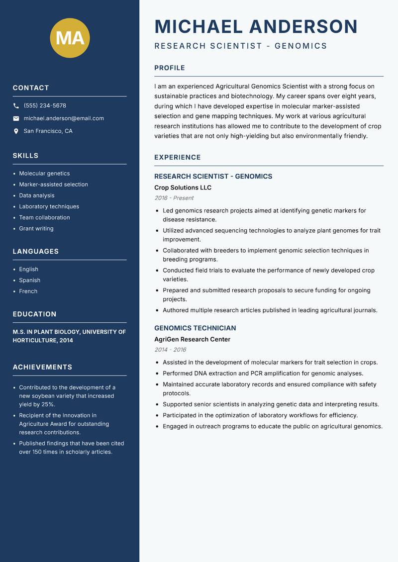 Agricultural Genomics Scientist resume sample — Research Scientist - Genomics focus