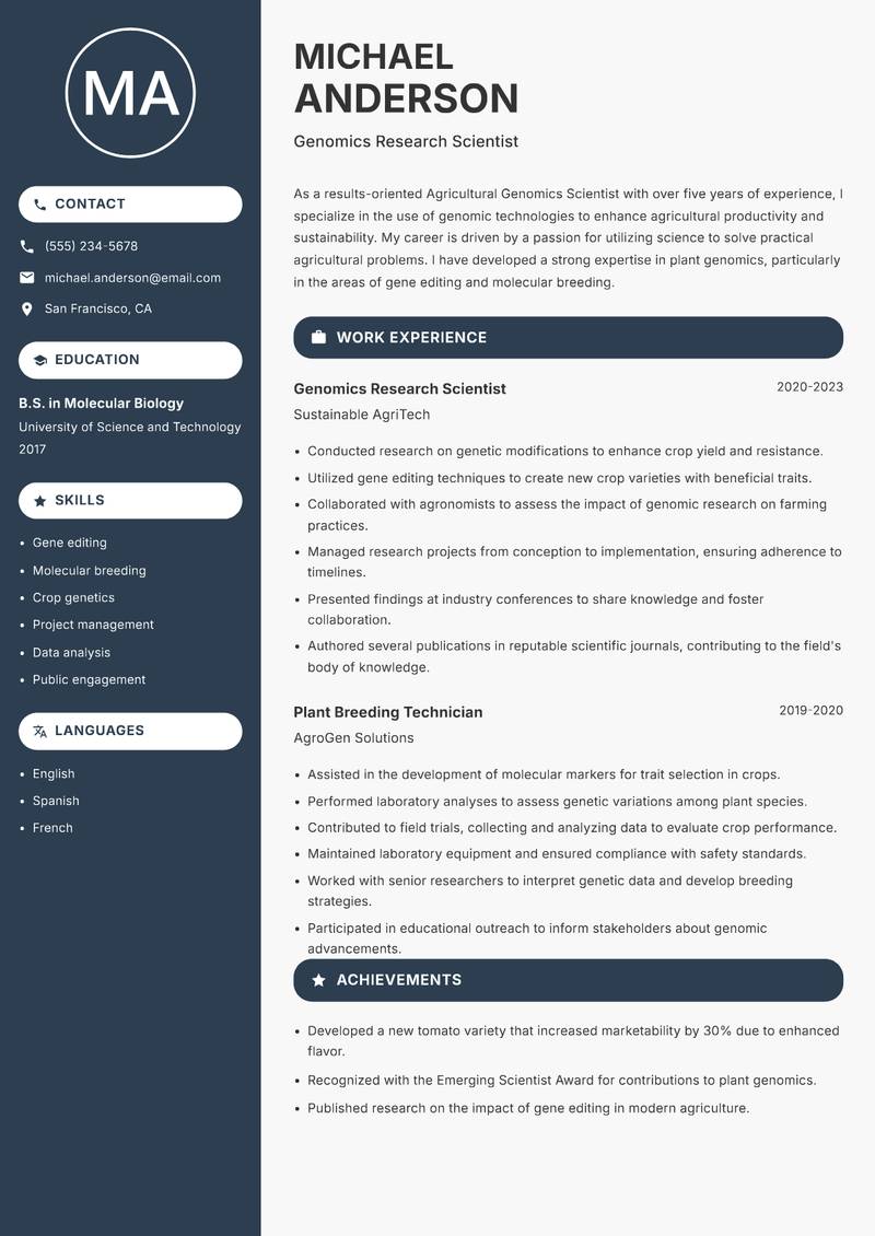 Agricultural Genomics Scientist resume sample — Genomics Research Scientist focus