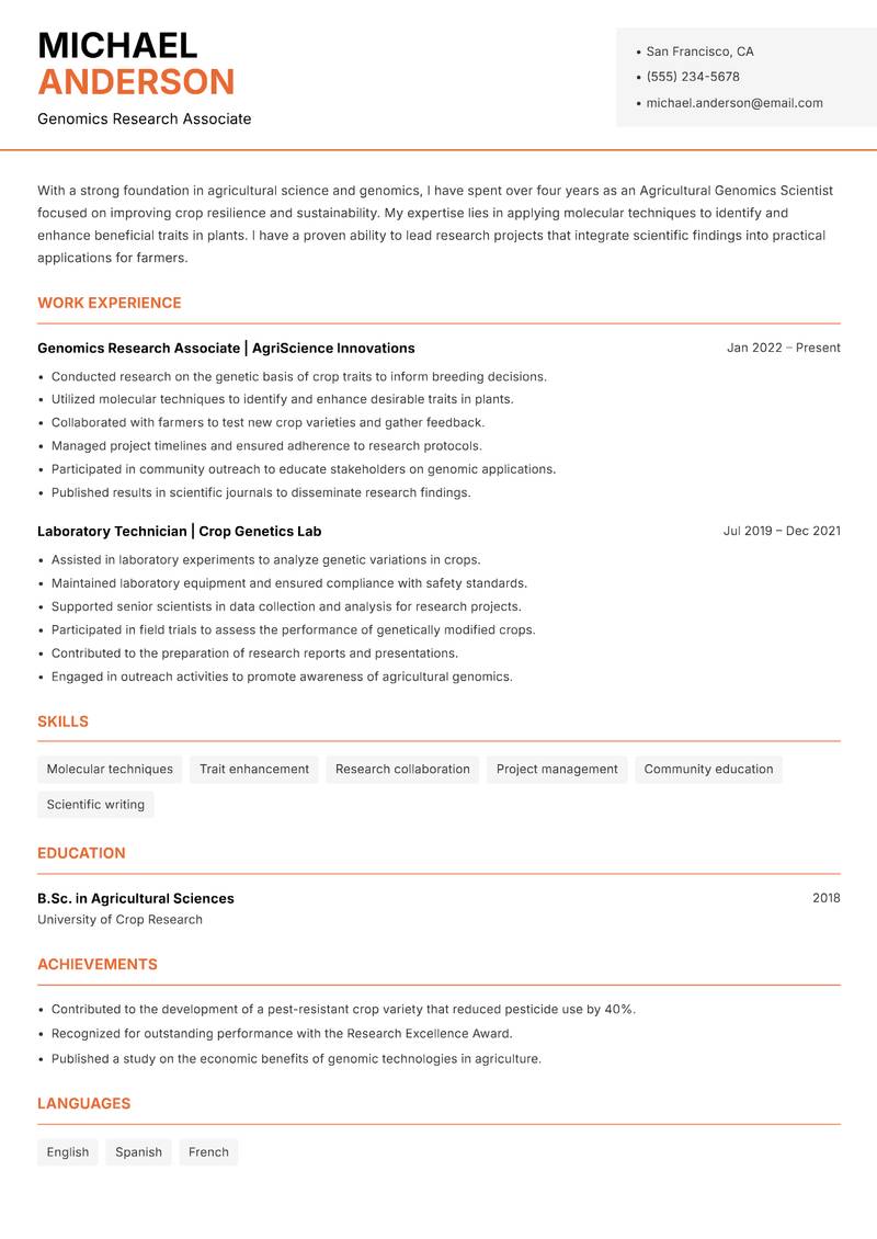 Agricultural Genomics Scientist resume sample — Genomics Research Associate focus