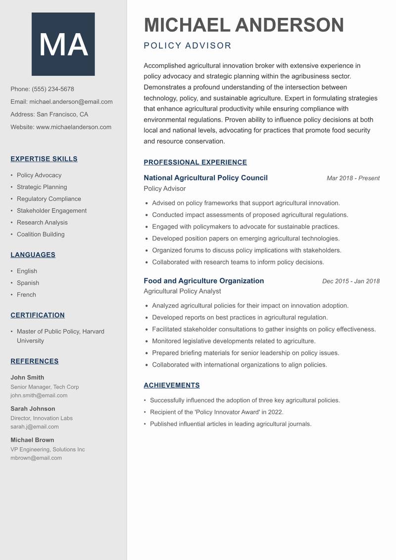 Agricultural Innovation Broker resume sample — Policy Advisor focus