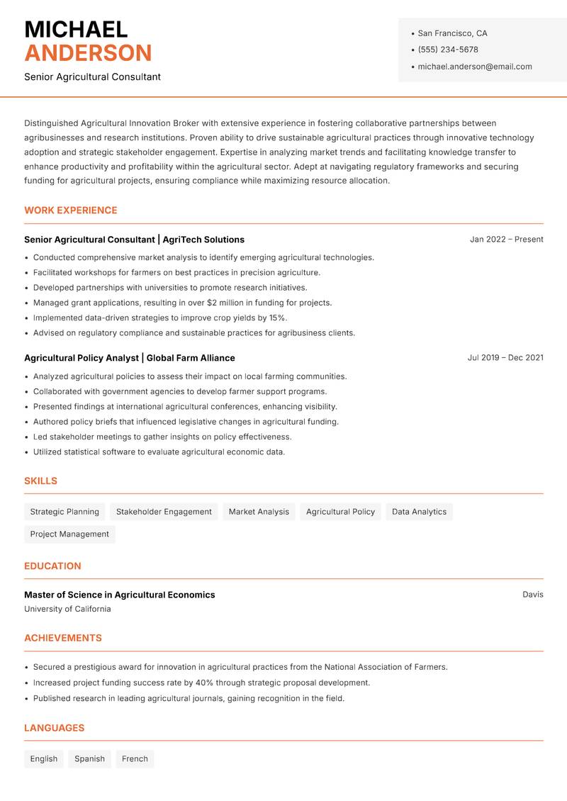 Agricultural Innovation Broker resume sample — Senior Agricultural Consultant focus