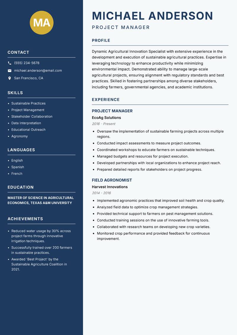Agricultural Innovation Specialist resume sample — Project Manager focus