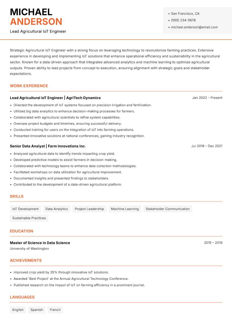 Agricultural IoT Engineer resume sample — Lead Agricultural IoT Engineer focus