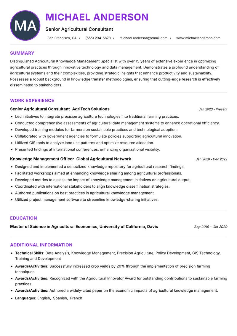 Agricultural Knowledge Management Specialist resume example