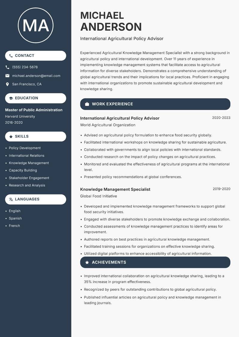Agricultural Knowledge Management Specialist resume sample — International Agricultural Policy Advisor focus