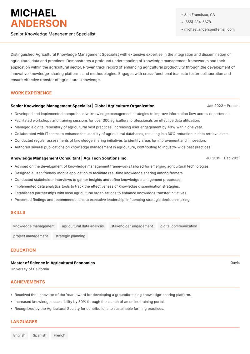 Agricultural Knowledge Management Specialist resume sample — Senior Knowledge Management Specialist focus