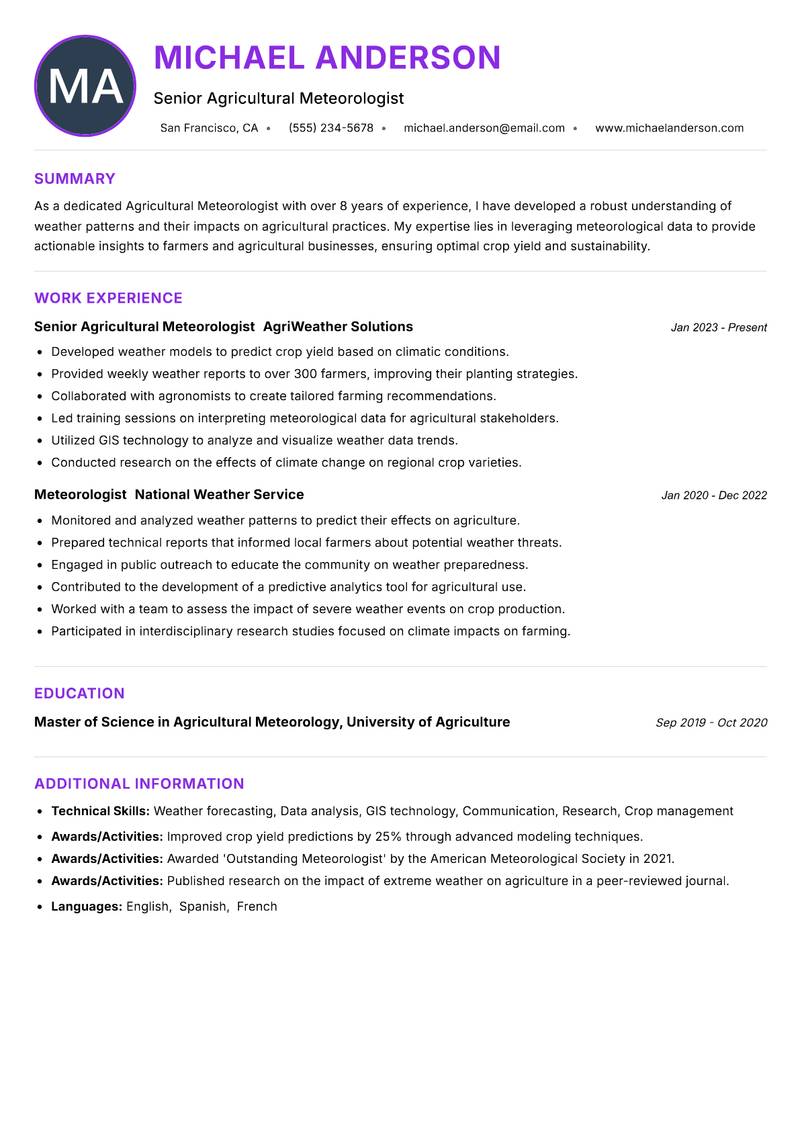 Agricultural Meteorologist resume example