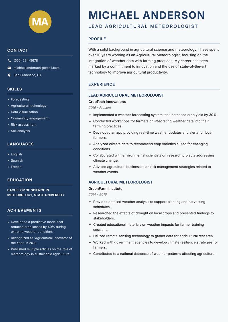 Agricultural Meteorologist resume sample — Lead Agricultural Meteorologist focus