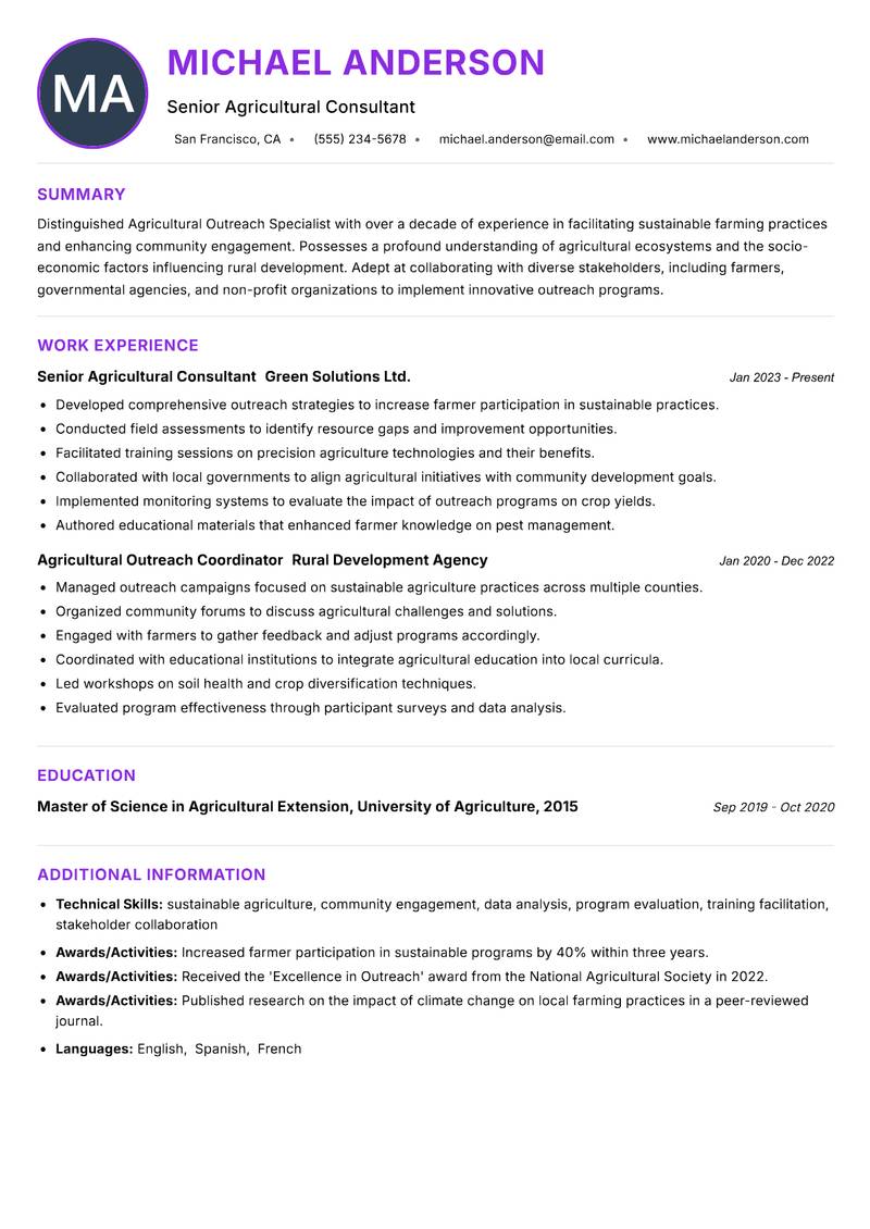 Agricultural Outreach Specialist resume example