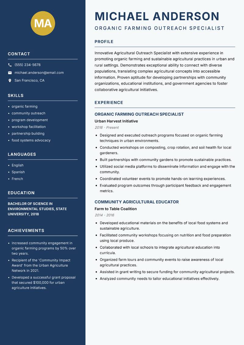 Agricultural Outreach Specialist resume sample — Organic Farming Outreach Specialist focus