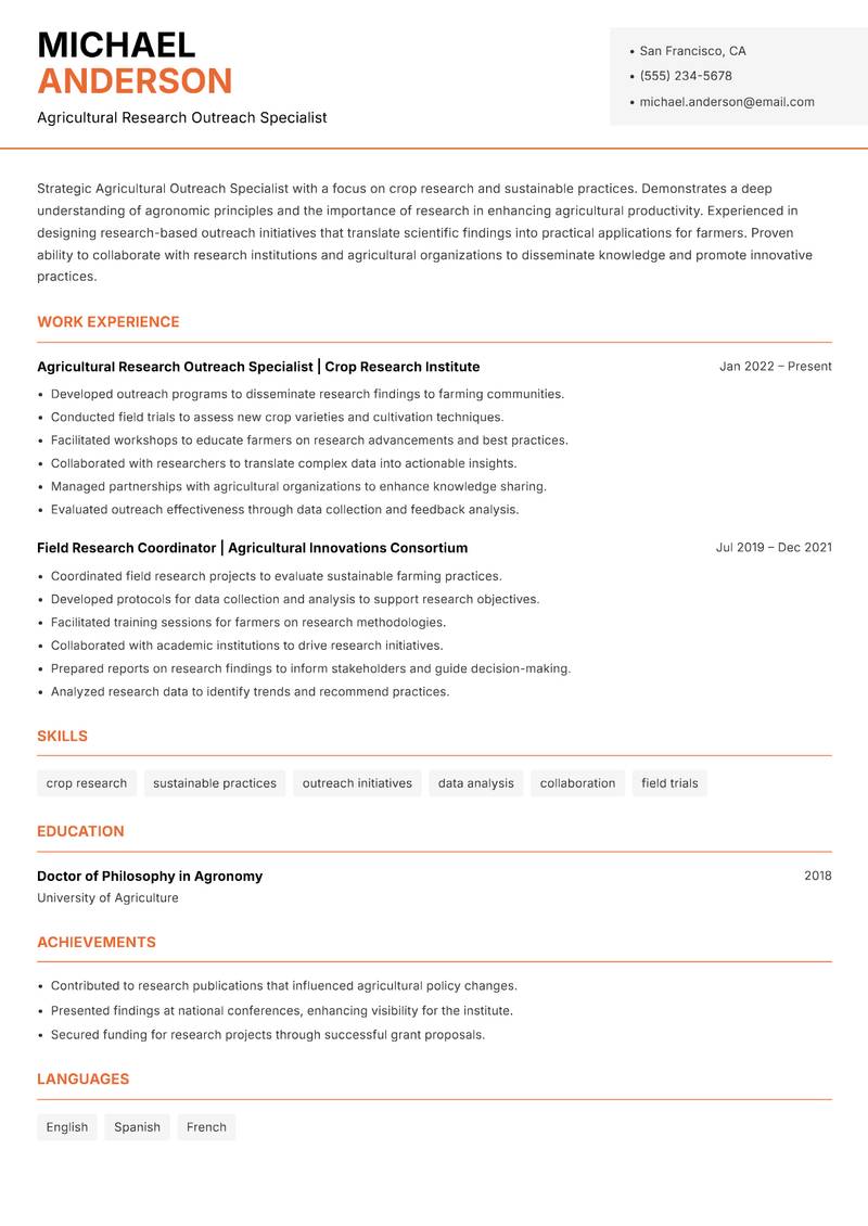 Agricultural Outreach Specialist resume sample — Agricultural Research Outreach Specialist focus