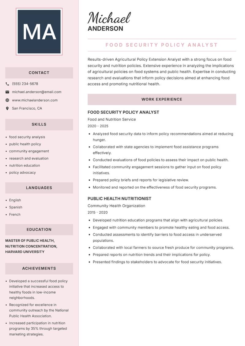 Agricultural Policy Extension Analyst resume sample — Food Security Policy Analyst focus